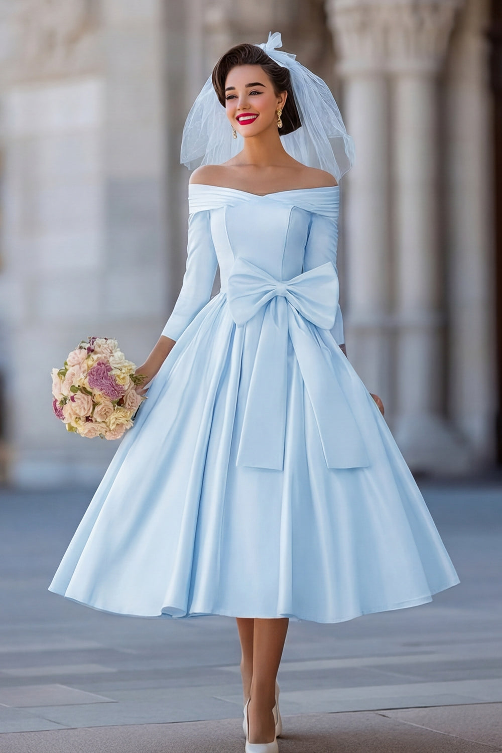 Ivory A Line Off the Shoulder Midi Wedding Dress with Bow
