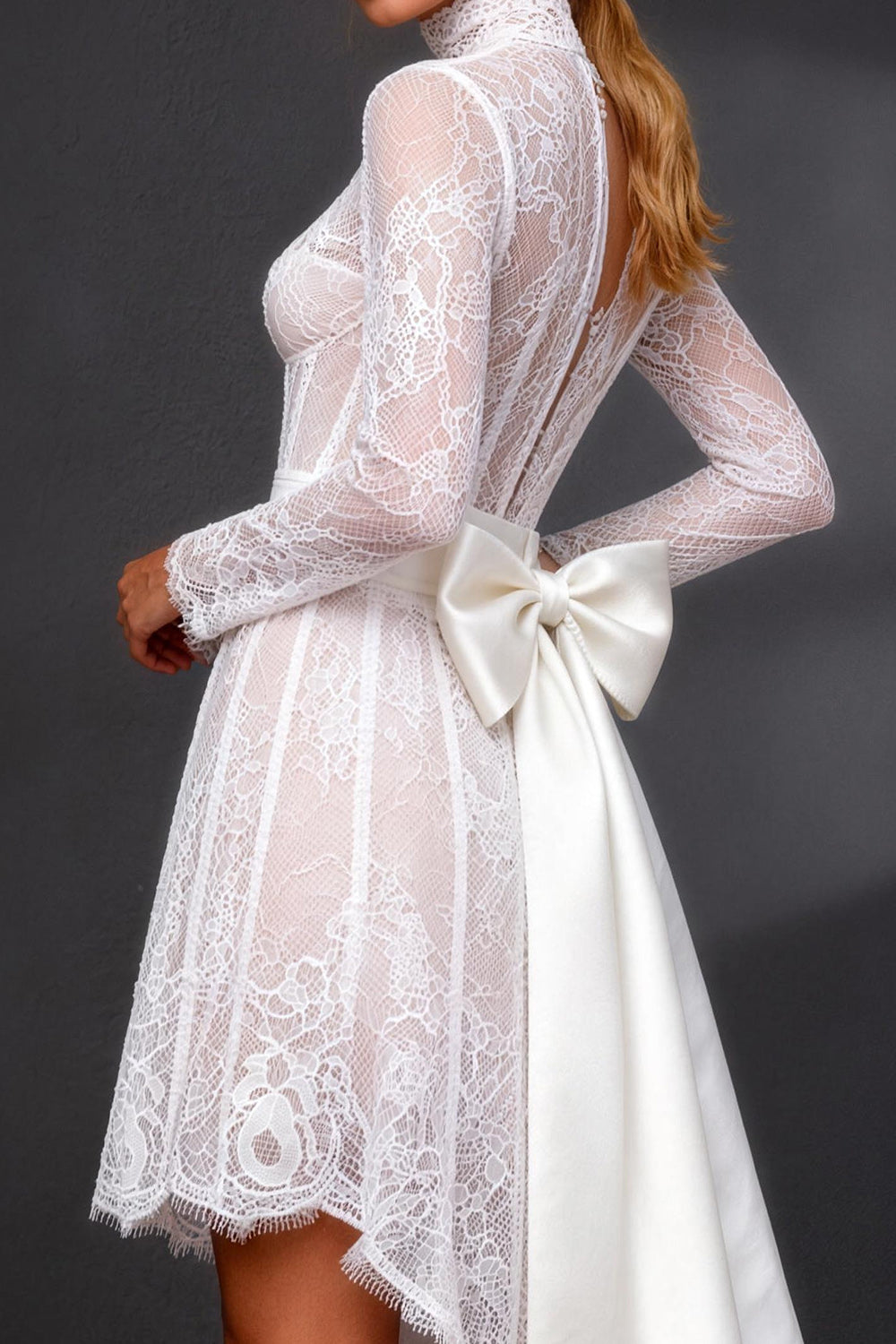 White High Neck High-Low Corset A Line Boho Wedding Dress with Sleeves