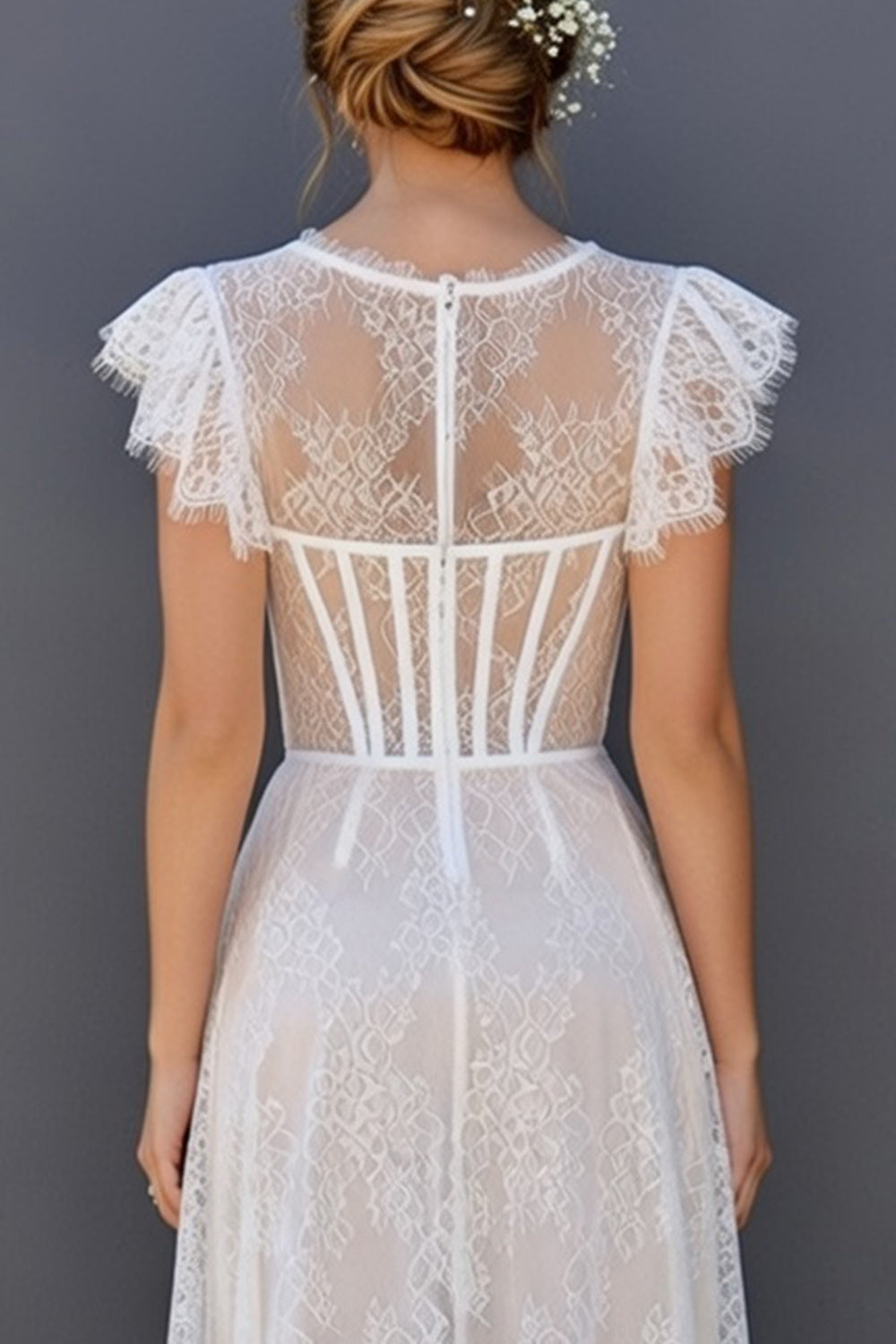 White Round Neck A Line Corset Maxi Boho Wedding Dress with Ruffles