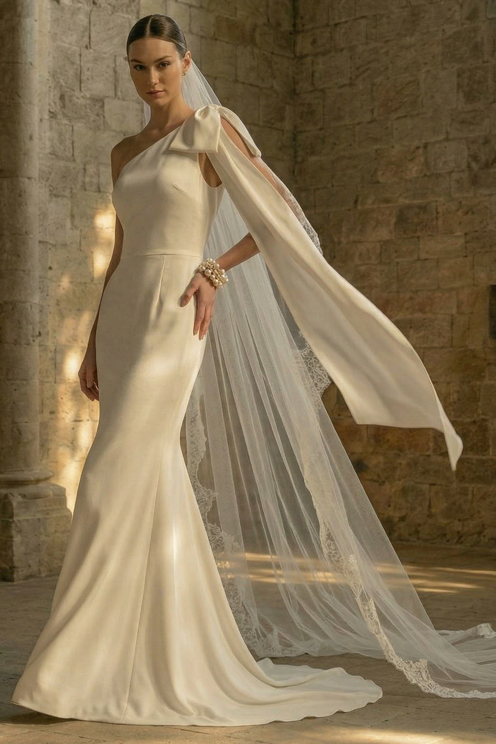 Maxi White Mermaid One Shoulder Beach Wedding Dress with Bow
