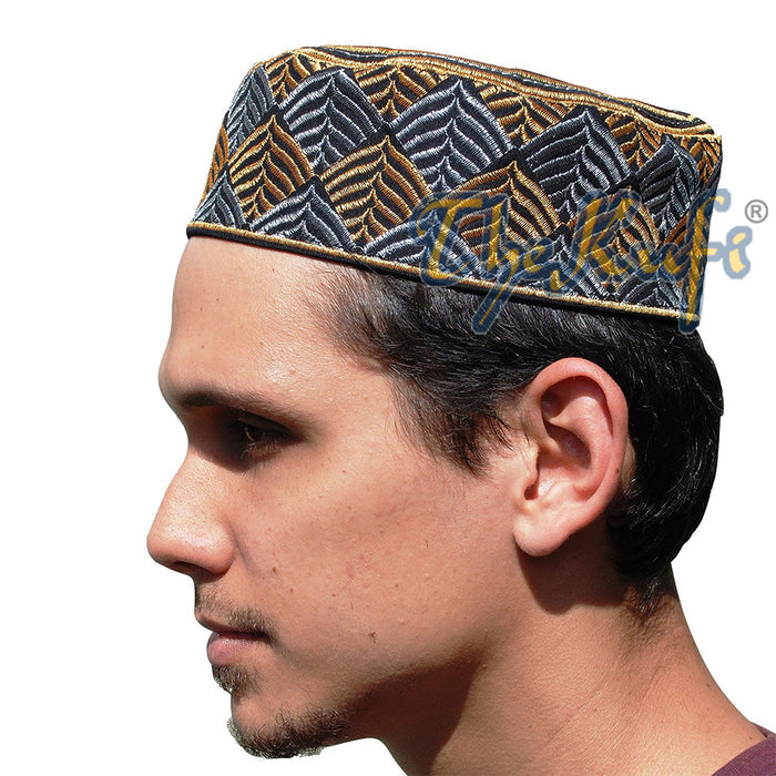 African Kufi Hat - Black with Gold and Silver Leaf Semi-Rigid Design