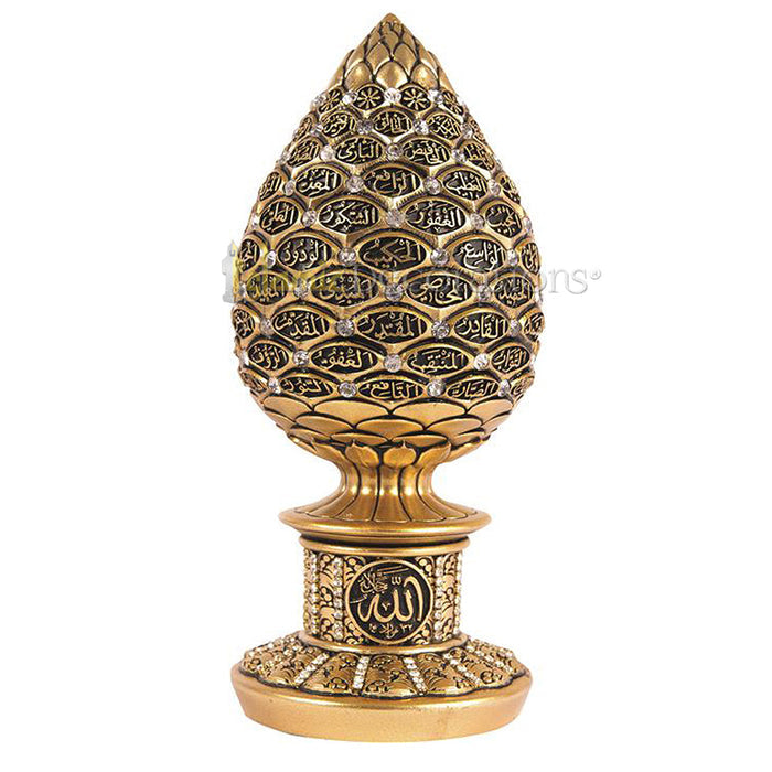 Gold Flower Bud Asma Husna Clear Crystal 7-1/2 In Molded Ornament - Islamic Calligraphy Art