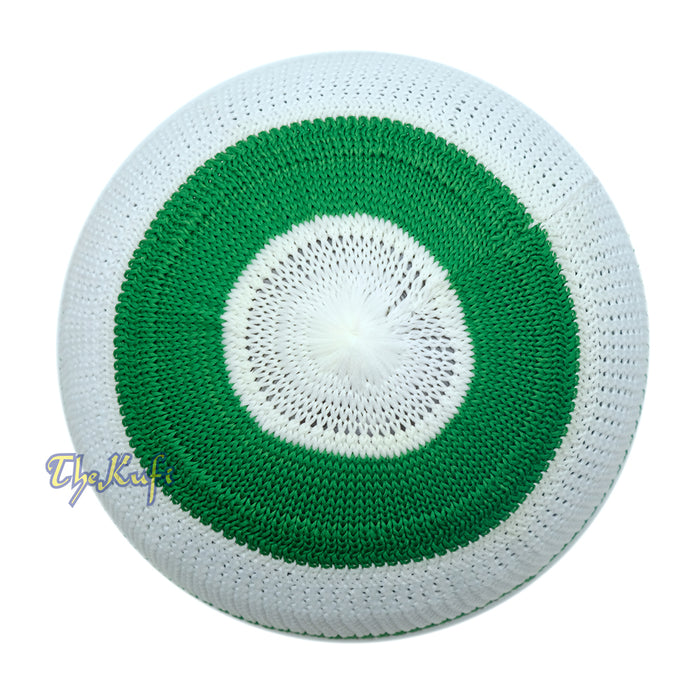 Nylon Kufi - White Green Dark Brown Stripes 3-Color Knit Skullcap Skullie Topi Cap
