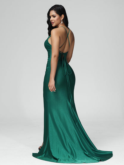 V Neck Lace Up Mermaid Satin Bridesmaid Dress With Slit
