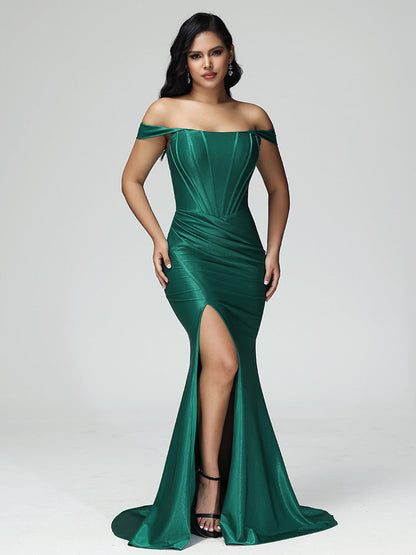 Sleeveless Off The Shoulder Strapless Satin Bridesmaid Dress With Slit