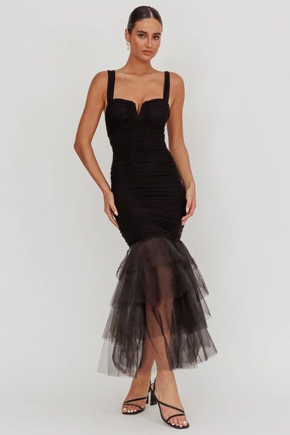 Nadia Tulle Hem Ruched Maxi Dress Black