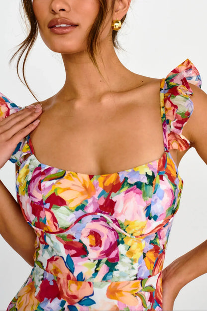 Moonlit Moment Ruffle Trim Lace-Up Back Dress Floral Red