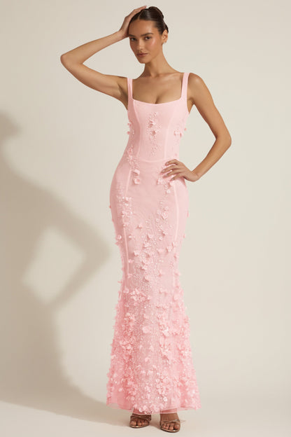 Embellished Appliqué Soft-Scoop Corset Gown in Pink