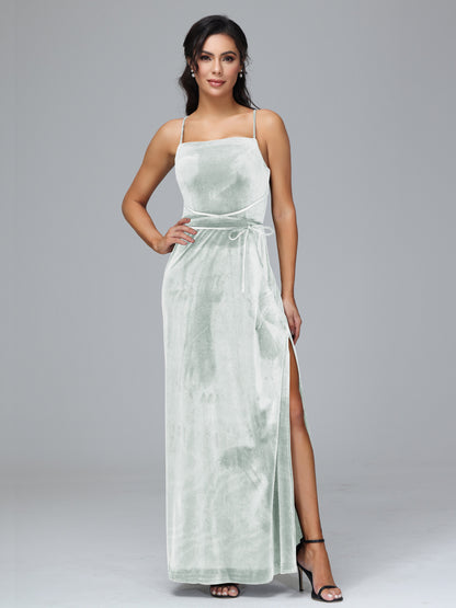Spaghetti Straps Plus Size Velvet Bridesmaid Dress With Slit