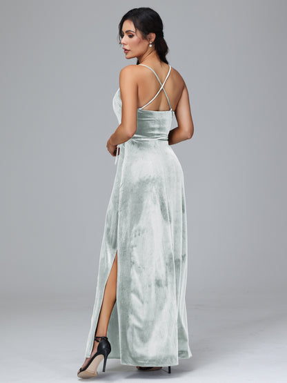 Spaghetti Straps Velvet Bridesmaid Dress With Slit