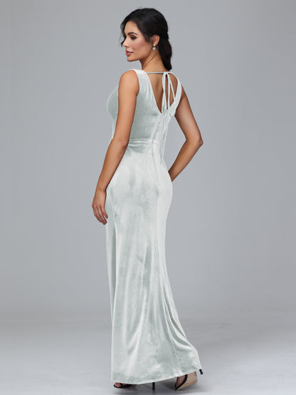 V Neck Velvet Bridesmaid Dress With Slit