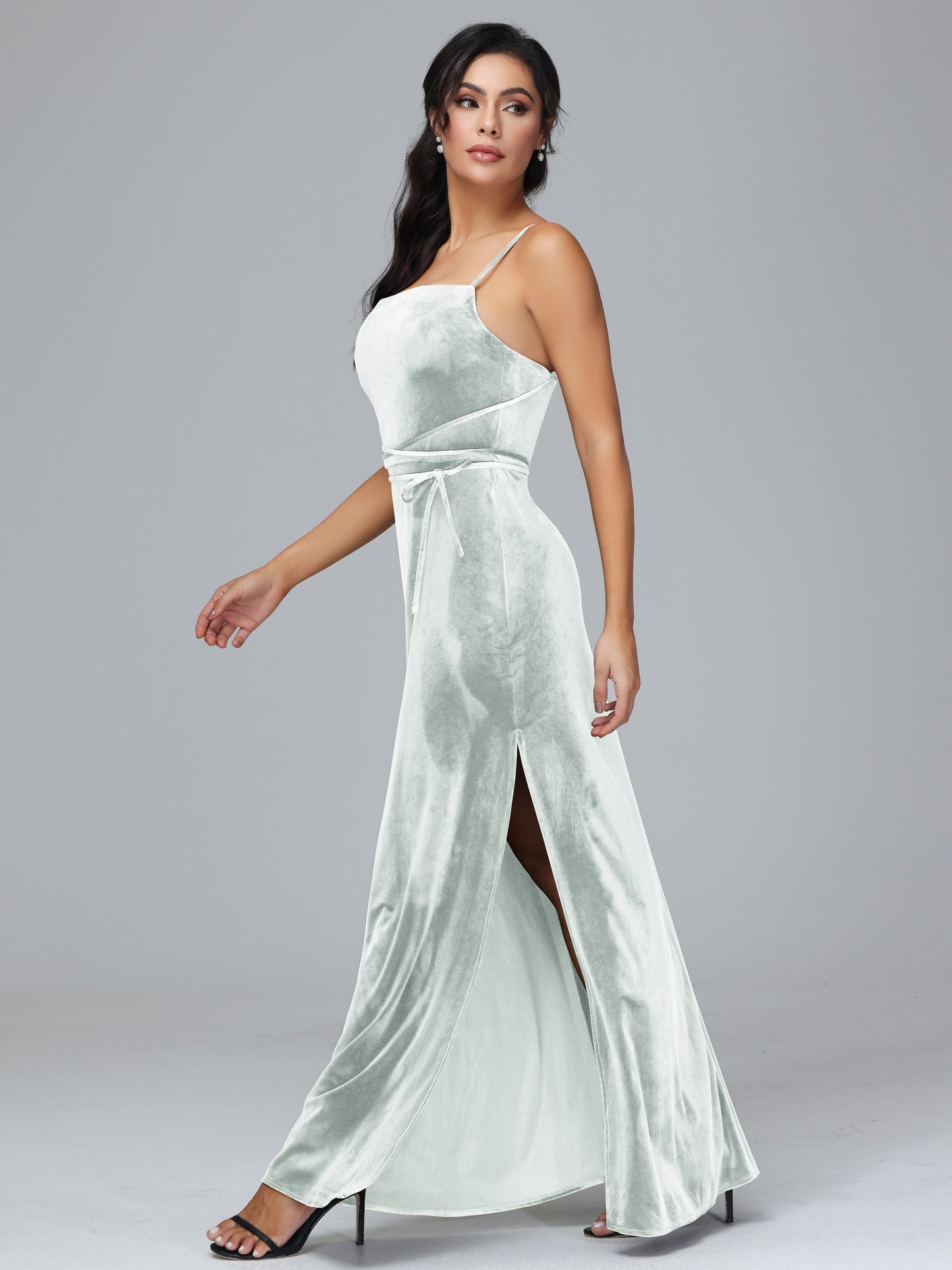 Spaghetti Straps Velvet Bridesmaid Dress With Slit