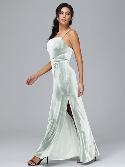 Spaghetti Straps Velvet Bridesmaid Dress With Slit