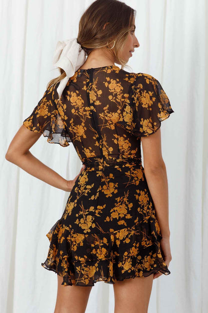 Kerry Layered Angel Sleeve Dress Black/Orange Flower