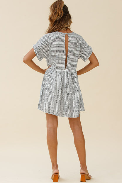 Susie Rolled Sleeve Crew Neck Swing Dress Stripe Pattern Black