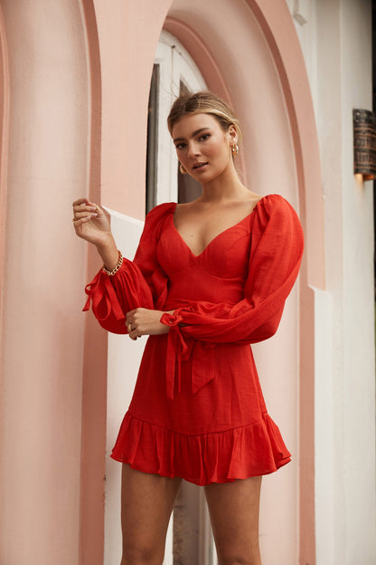 Make Memories Balloon Sleeve Molded Bust Dress Red