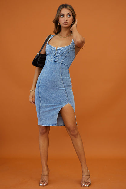 Rhythm Wide Strap Bodycon Knee Length Dress Washed Blue