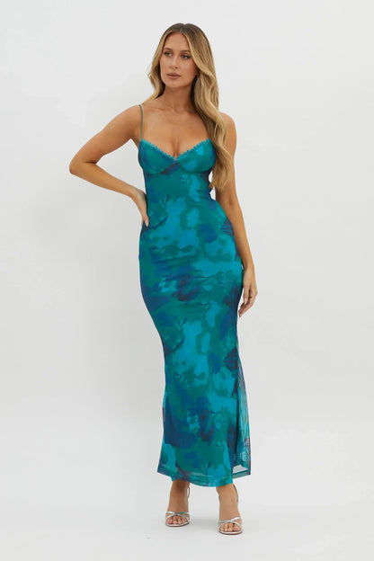 Lennox Elastic Back Bodycon Dress Floral Green