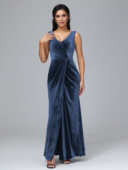 V Neck Velvet Bridesmaid Dress With Slit