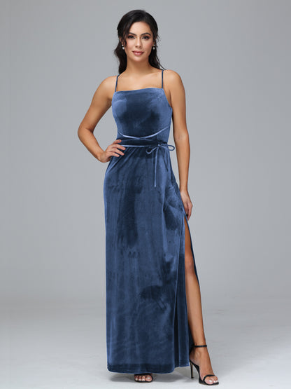 Spaghetti Straps Plus Size Velvet Bridesmaid Dress With Slit