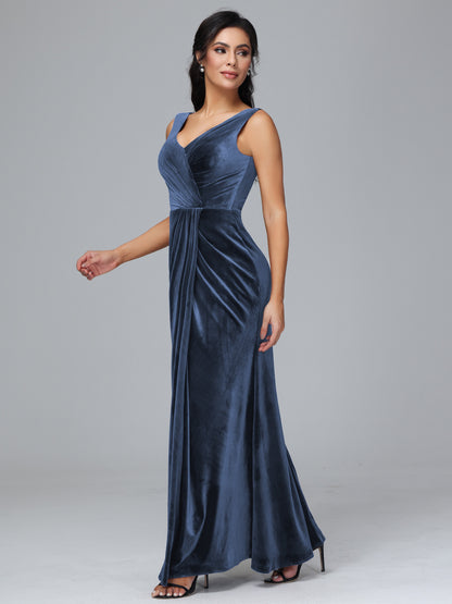 V Neck Velvet Bridesmaid Dress With Slit