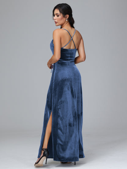 Spaghetti Straps Plus Size Velvet Bridesmaid Dress With Slit