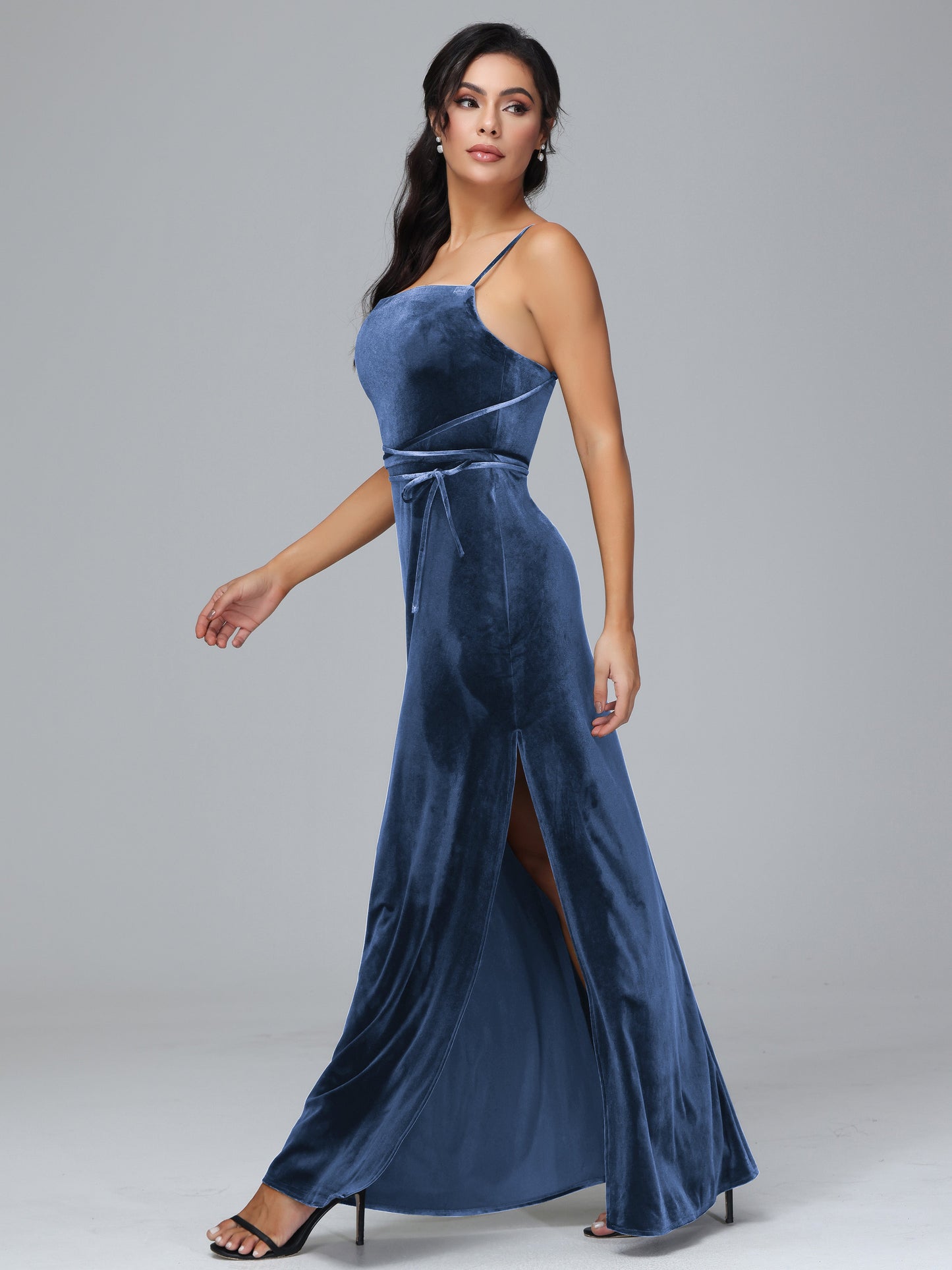 Spaghetti Straps Plus Size Velvet Bridesmaid Dress With Slit