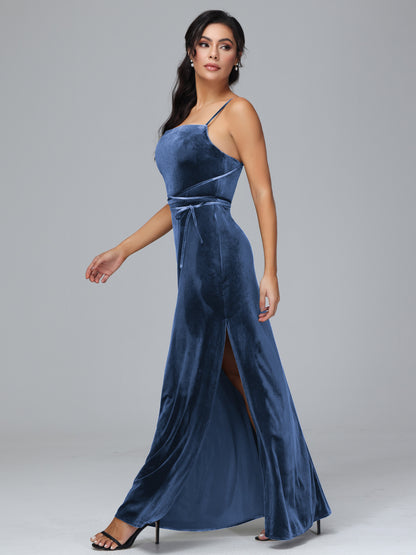 Spaghetti Straps Velvet Bridesmaid Dress With Slit