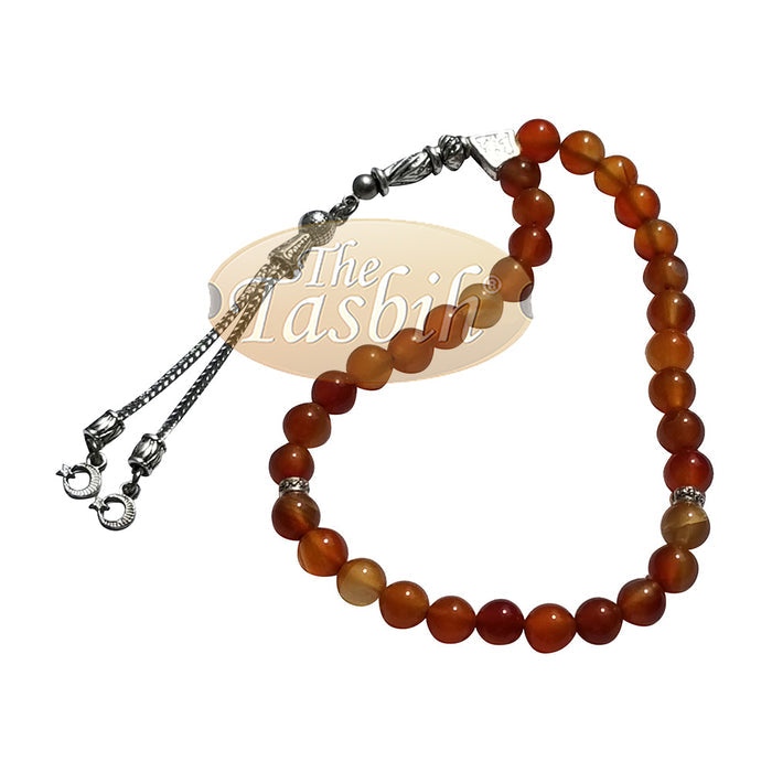 33-Bead Small Honey Agate 7 mm Stone Tasbih Prayer Beads Silver Accents & Kizilay Charms