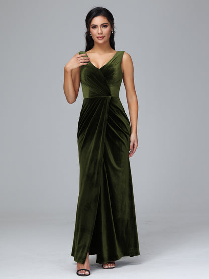 V Neck Velvet Bridesmaid Dress With Slit