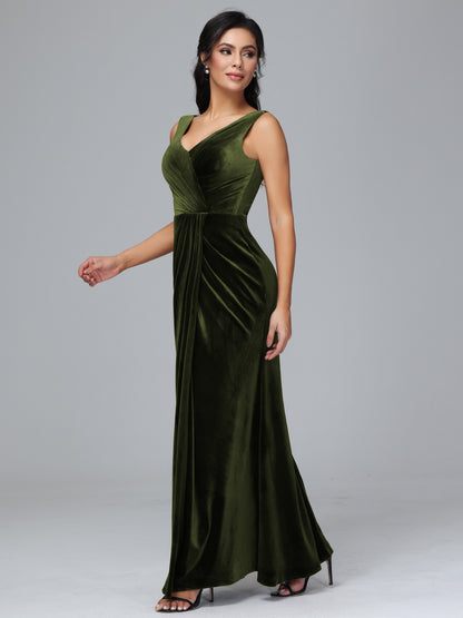 V Neck Velvet Bridesmaid Dress With Slit