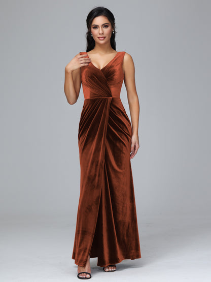 V Neck Velvet Bridesmaid Dress With Slit