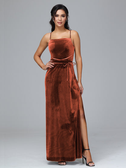 Spaghetti Straps Plus Size Velvet Bridesmaid Dress With Slit