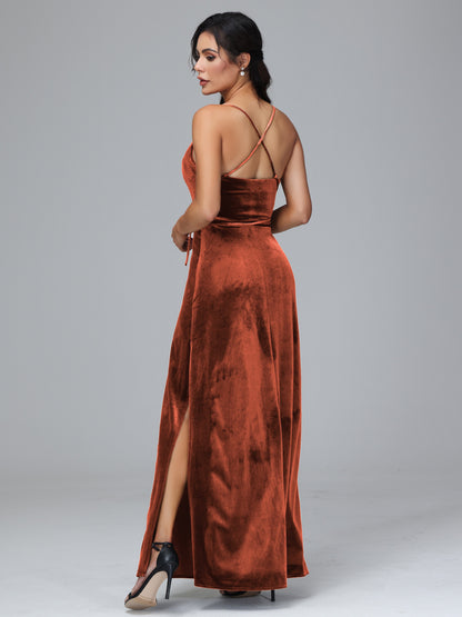 Spaghetti Straps Plus Size Velvet Bridesmaid Dress With Slit
