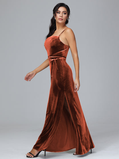Spaghetti Straps Velvet Bridesmaid Dress With Slit