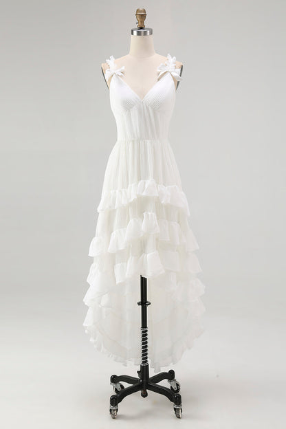 Ivory Plus Size A Line Ruffled V-Neck High-Low Tiered Western Wedding Dress