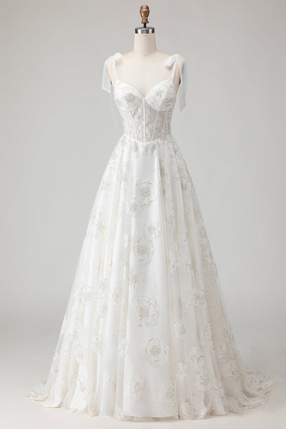Sparkly White Floral A Line Long Corset Wedding Dress with Beading
