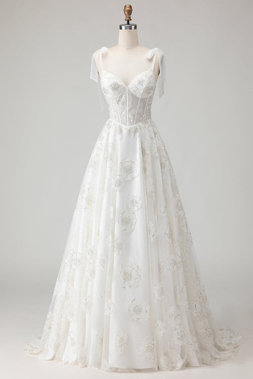 Sparkly White Floral A Line Long Corset Wedding Dress with Beading