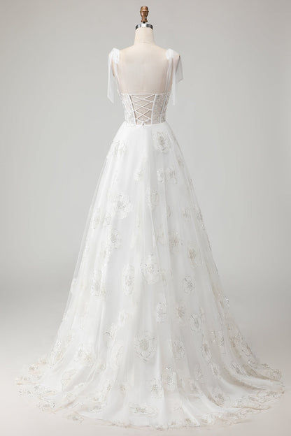 Sparkly White Floral A Line Long Corset Wedding Dress with Beading