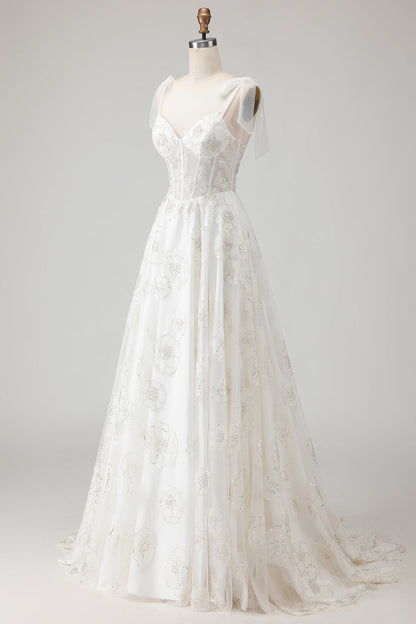 Sparkly White Floral A Line Long Corset Wedding Dress with Beading