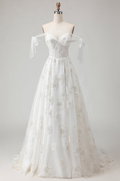 Sparkly White Floral A Line Long Corset Wedding Dress with Beading