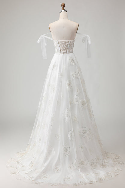 Sparkly White Floral A Line Long Corset Wedding Dress with Beading