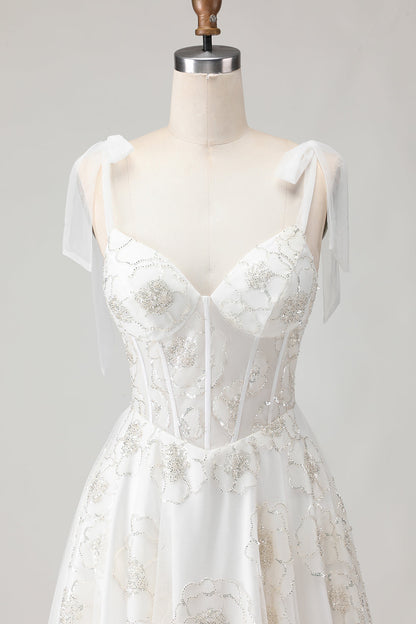 Sparkly White Floral A Line Long Corset Wedding Dress with Beading