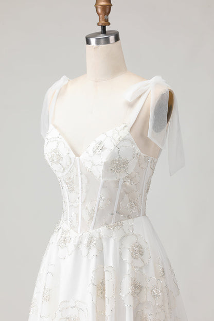 Sparkly White Floral A Line Long Corset Wedding Dress with Beading