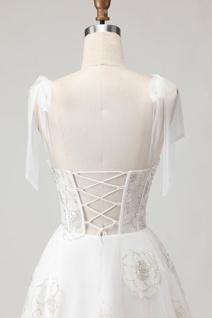 Sparkly White Floral A Line Long Corset Wedding Dress with Beading