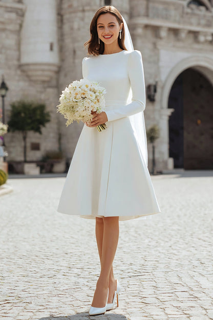 Ivory Satin A Line Round Neck Short Wedding Dress with Sleeves