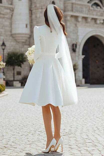 Ivory Satin A Line Round Neck Short Wedding Dress with Sleeves
