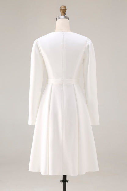 Ivory Satin A Line Round Neck Short Wedding Dress with Sleeves