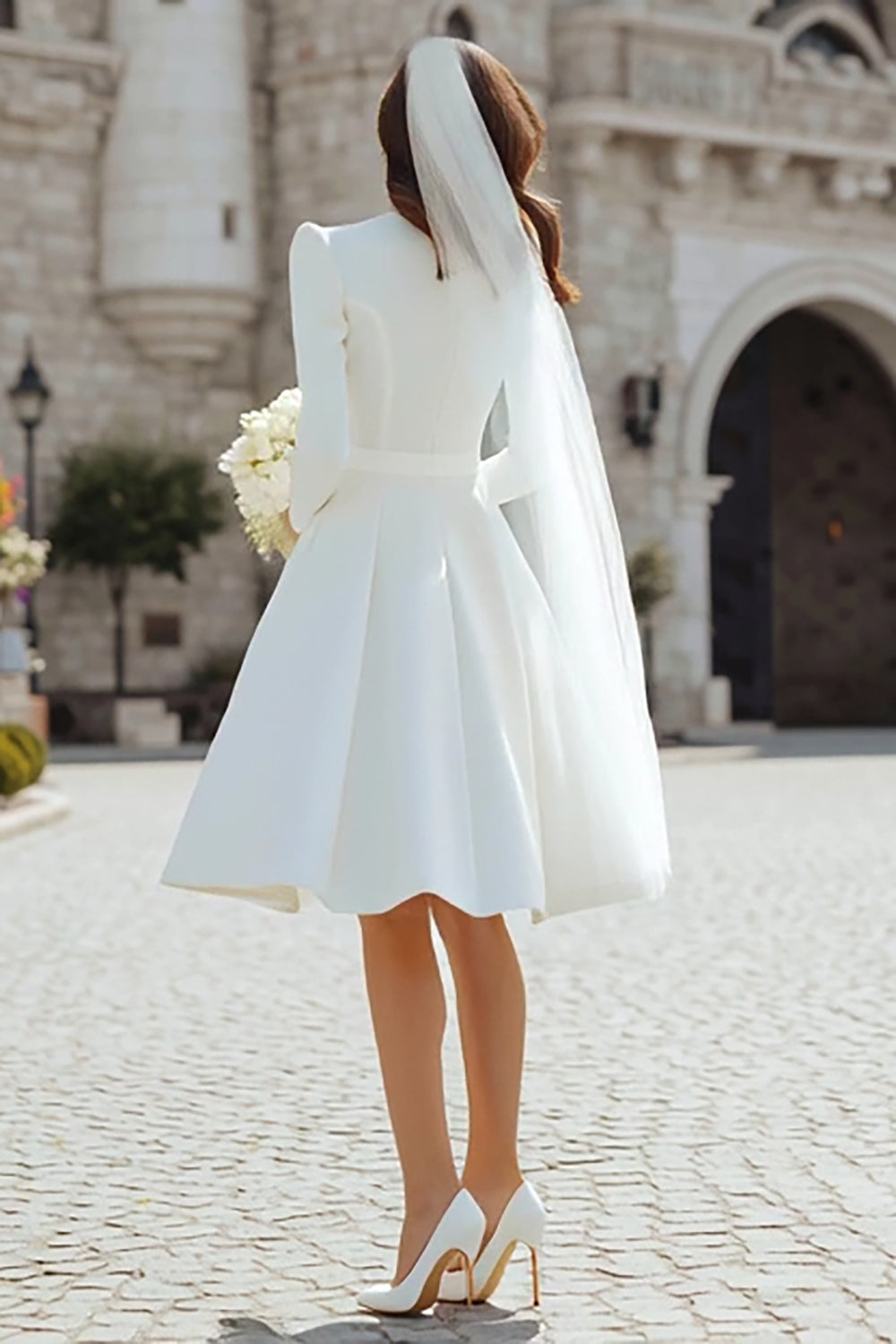 Plus Size Ivory Satin Short A Line Wedding Dress with Sleeves