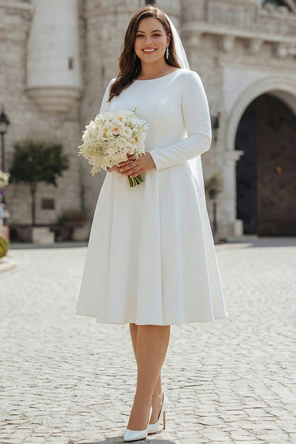 Ivory Satin A Line Round Neck Short Wedding Dress with Sleeves